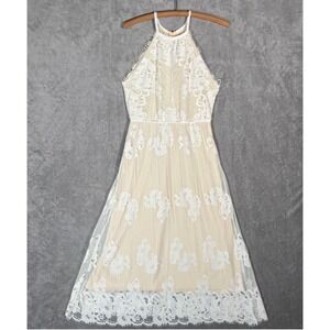 Chelsea &‎ Violet White Floral Layered Lace Halter Midi Dress Medium Cream White